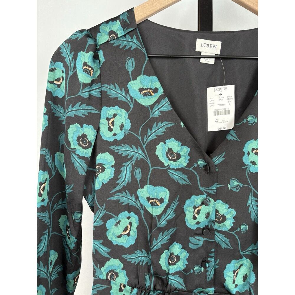 J. Crew Satin Back Crepe Button-front Blouse 0 Black Green Floral V-Neck NWT - Picture 3 of 12